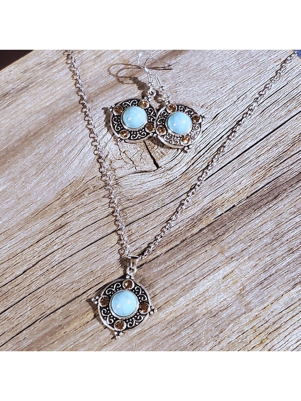 Topaz Crystal Turquoise Blue Stone Silver Chain Necklace Earrings Jewelry Set